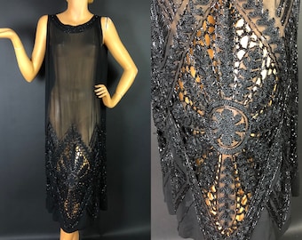 Stunning 1920s Silk Chiffon Flapper Dress with Embroidery, Beading and Cut Outs, Dangling Straps Down Back, Fantastic Condition, Not Tiny