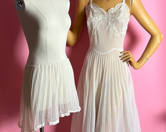 1960s Sheer White Pleated Slip and Tap Pants Babydoll Set, Lace Detail, Terylene, By Finewear, Larger Size