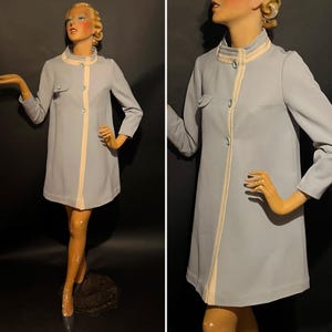 1960s Louis Feraud Pure Mod Ice Blue and Cream Wool Coat, Funnel Neck, Off Centre Opening, Pockets, Truly Fab
