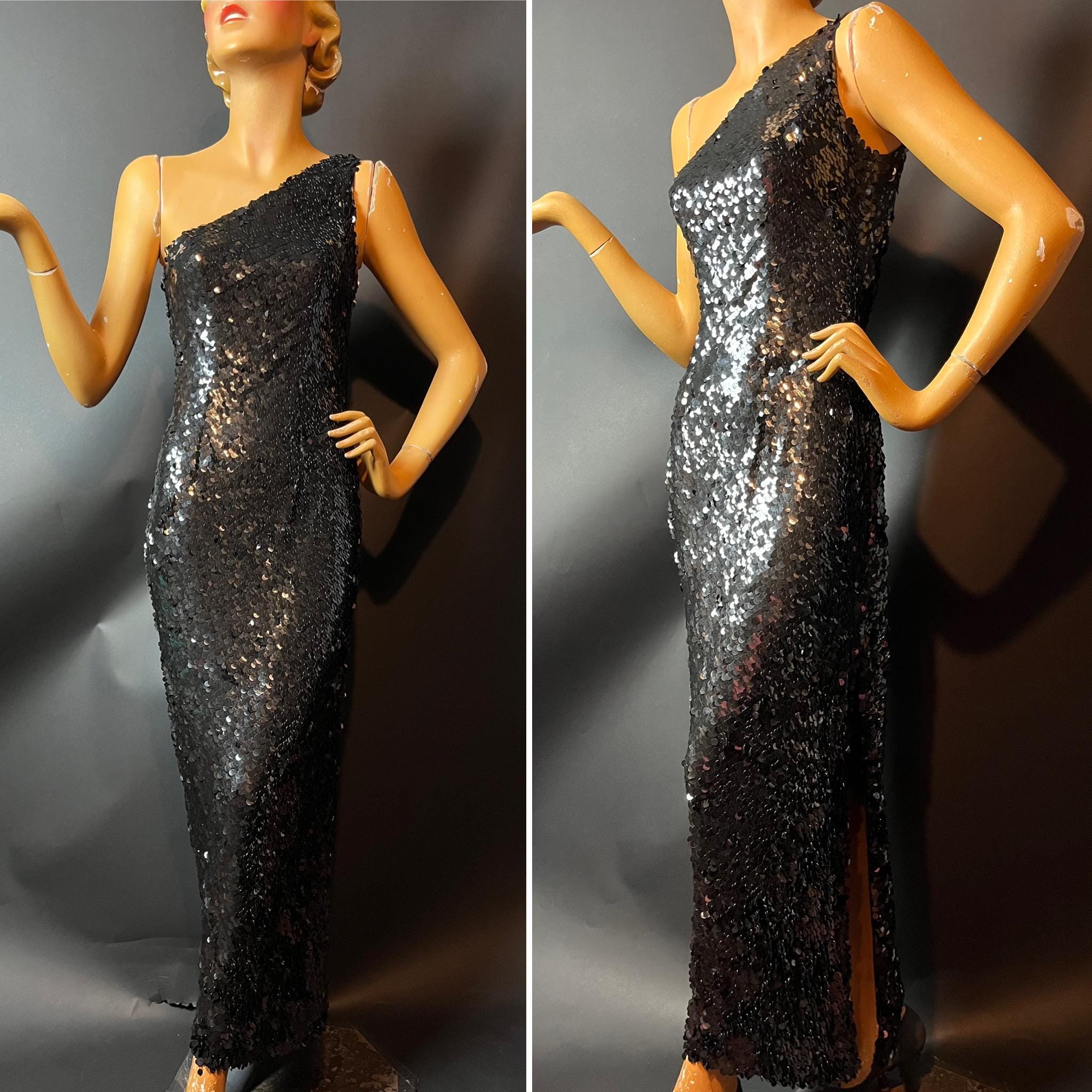 One Shoulder Black Sequin Dress - Etsy