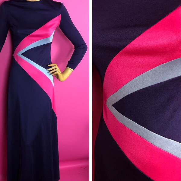 1970s Bernshaw Jersey Maxi Dress, Deep Purple with Bright Pink and Lilac Grey Flash Detail, Long Sleeved, Crew Neck