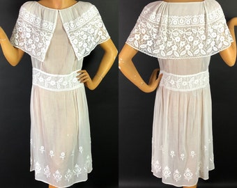 Gorgeous 1920s White Cotton Lawn Muslin Dress with Crochet Lace and Embroidery, Attached Capelet Effect, 38 inch bust