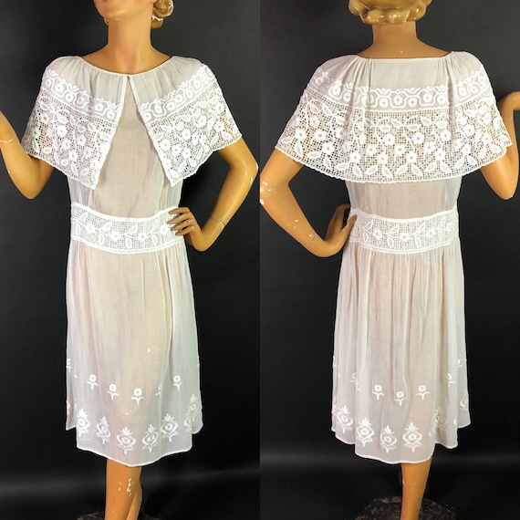 Gorgeous 1920s White Cotton Lawn Muslin Dress wit… - image 1