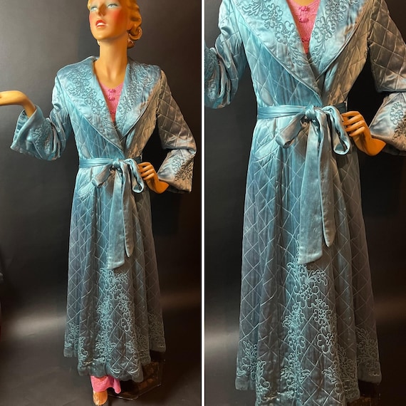 1930s Aqua Blue Satin Dressing Gown Robe, Shawl Collar, Belt, Soutache Embroidery, Belt, Wide Sleeves, Diamond Quilting, Hollywood Glam