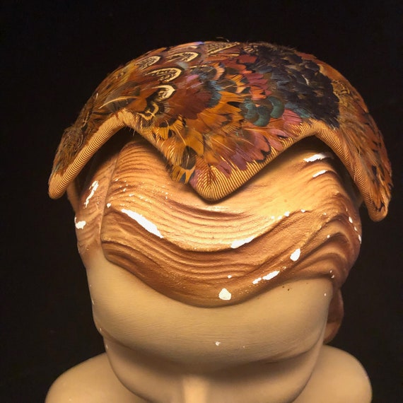 1950s Feather Covered Skull Cap Hat by Denise Puiseux Paris, Autumn Colours, Star Shaped, with Grosgrain Bow, One Size Fits Most