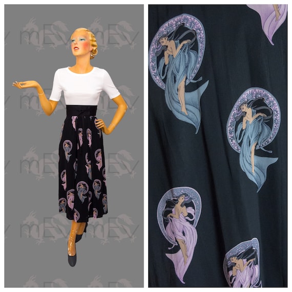 1970s Art Nouveau Lady Print Midi Skirt by Lucie L