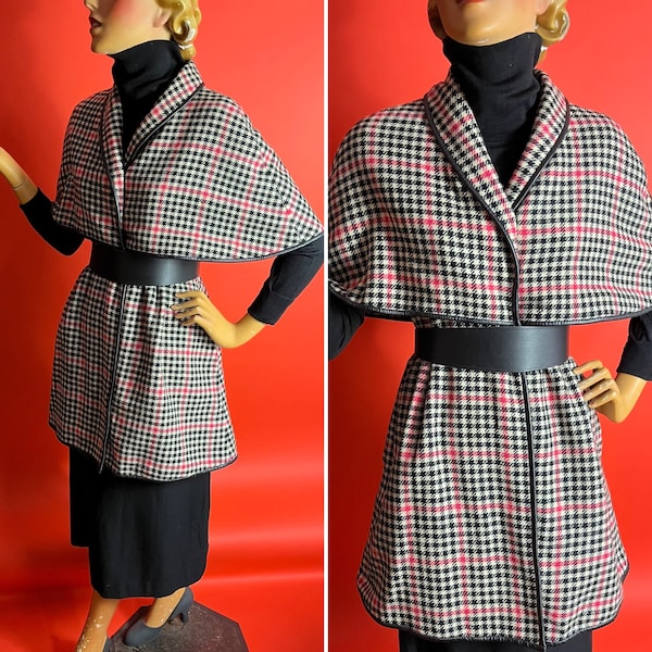 1960s Bonnie Cashin for Sills Wool Cape Coat with Leather Trim, Black, Watermelon Pink, Cream, Edge to Edge Open Front, AS IS