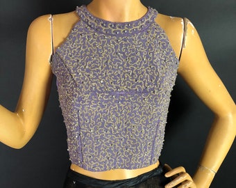 1950s 1960s Fitted Cutaway Top, Covered with French Knot Embroidery, Bullion Thread and Prong Set Rhinestones, could be a showgirl piece