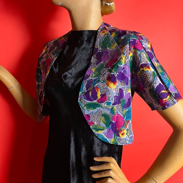 1930s Floral Taffeta Bolero, White Lapels with Fab Stitching Detail, Open Fronted, Purple, Teal, Emerald, Yellow, Magenta, Grey and More