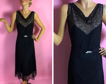 Late 1920s Early 1930s Black Lace Dress, Midi Length, Belt with Art Deco Rhinestone Buckle, Attached Slip, Lovely Seams