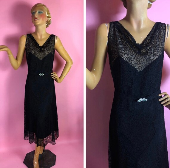 Late 1920s Early 1930s Black Lace Dress, Midi Len… - image 1