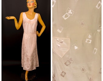 Unworn With Tag 1920s Silk Midi Length Nightgown, Peachy Pink Novelty Print of Playing Cards, Attached Belt, Interesting Shoulder Straps