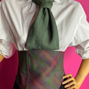 May include: A white button-down shirt with a green linen tie and a plaid corset. The corset has a green, red, and brown plaid pattern.