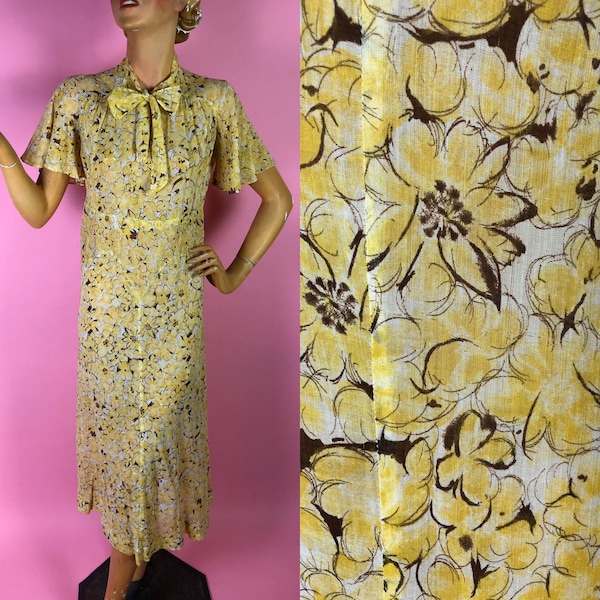 Beautiful 1930s Yellow Floral Print Cotton Voile Midi Length Dress with Flutter Sleeves, Pussy Bow Tie At Neck, Interesting Seams, Soft