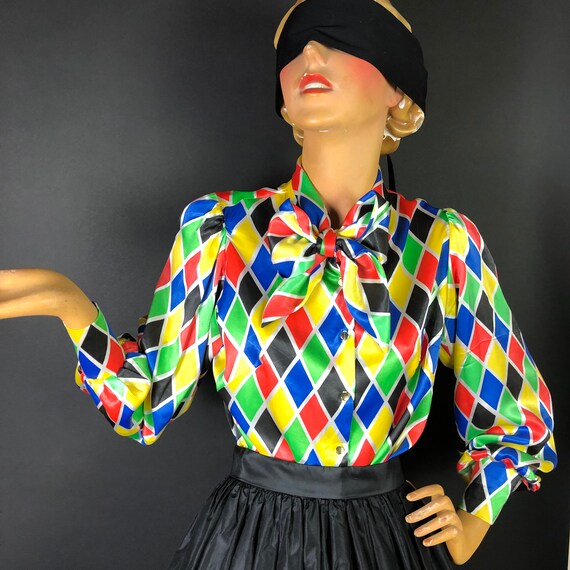 1970s Harlequin Pussy Bow Blouse with Balloon Slee