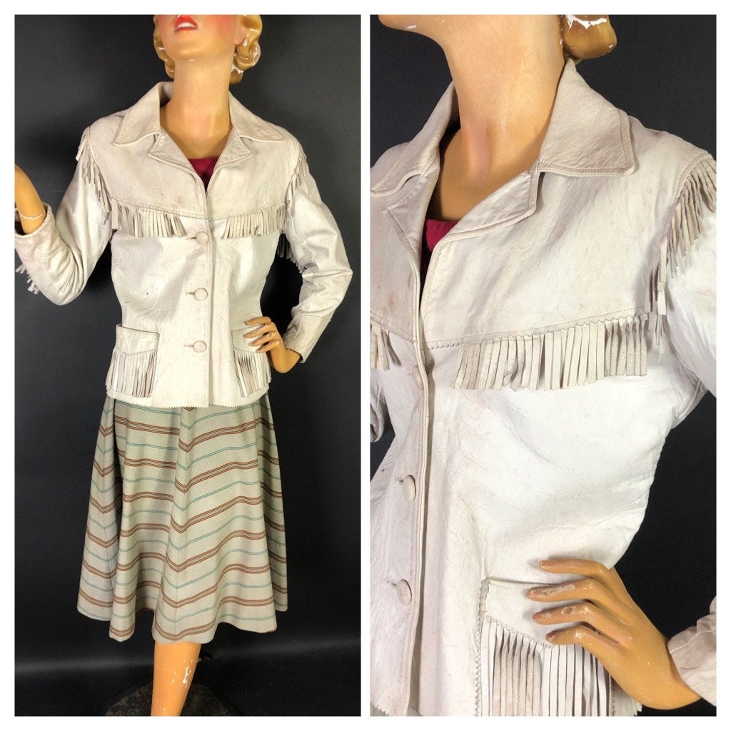 1950s Jo Kay Suedes Western Jacket with Fringe in Off White 1950s Jo Kay Suedes Western Jacket with Fringe in Off White