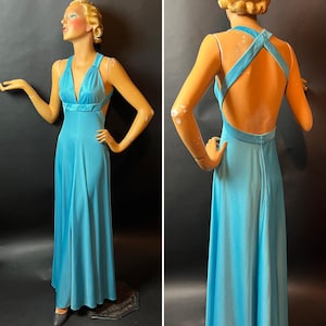 aqua empire waist dress Vtg 70s Empire Waist Maxi Dress Aqua Blue Floral Lace Prom Bridesmaid XS S