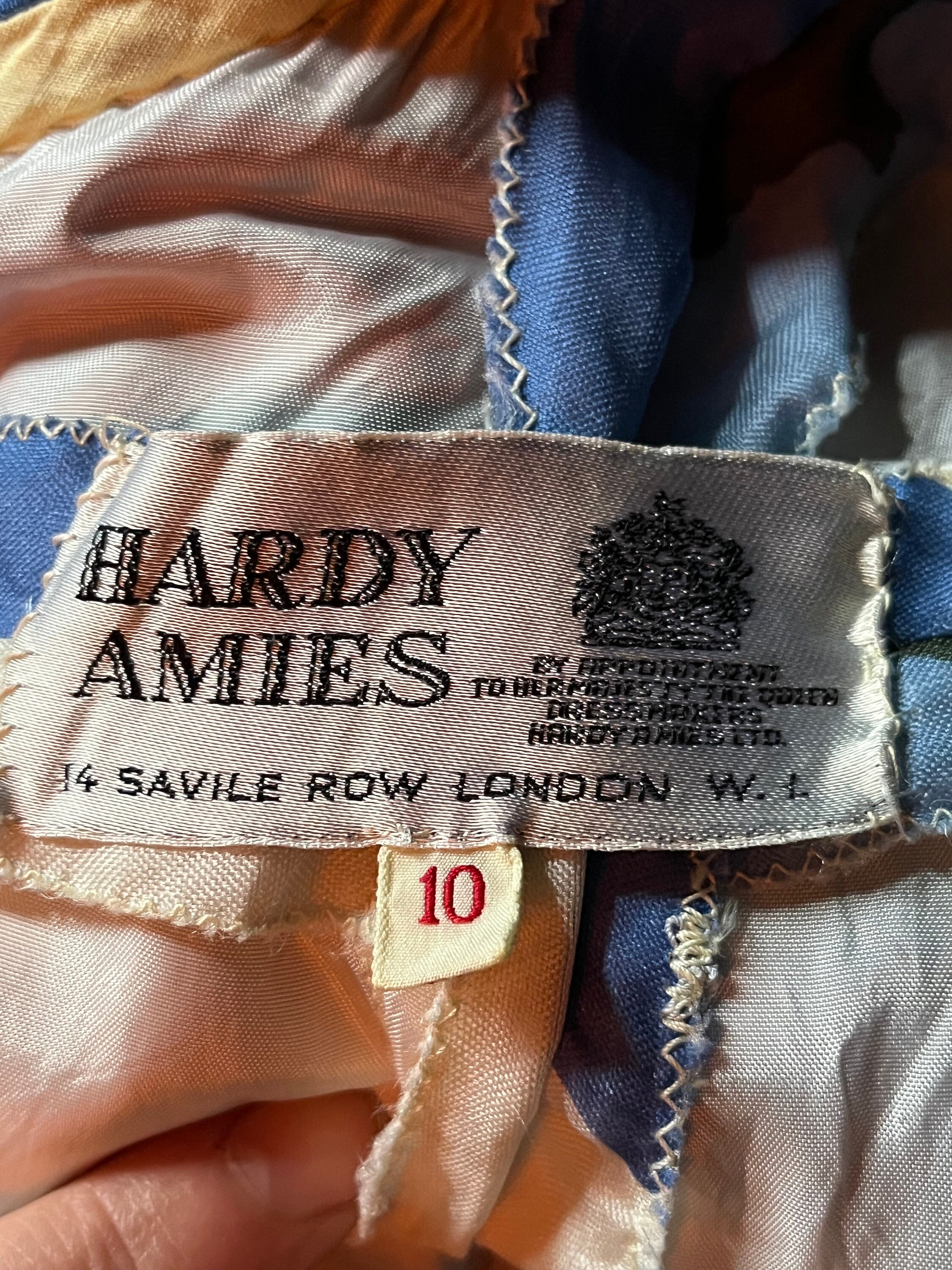 1960s Hardy Amies Blue Poppy Print Organza Halterneck Maxi Dress 