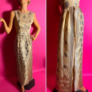 1960s Tina Leser Gown Made From Gold Silk Sari, Sheath with Split Skirt, Sleeveless, Gold Medallions and Paisley Pattern