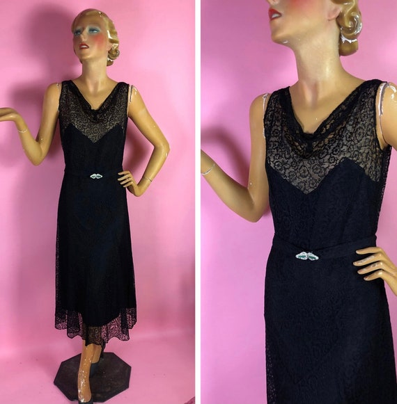 Late 1920s Early 1930s Black Lace Dress, Midi Len… - image 2