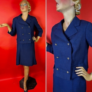 1960s 1970s Lanvin Navy Blue Military Style Skirt Suit, Quadruple Pleated A-Line Skirt, Double Breasted 3/4 Sleeve Cropped Jacket