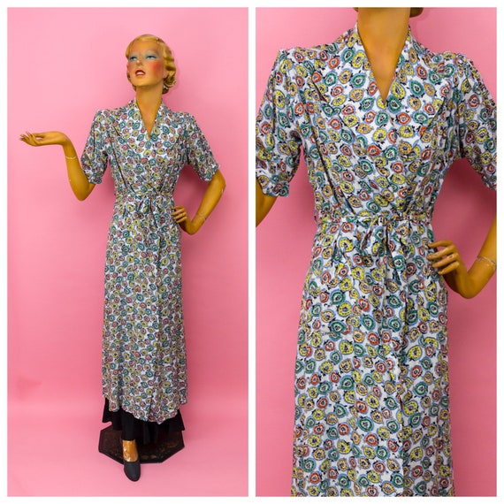 1940s 1950s Leaf Print Short Sleeved Wrap Robe Dre