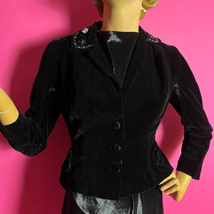 1930s Black Velvet Cocktail Jacket with Beaded Collar, Nipped in Waist, Blousey Back, Side Belt Detail