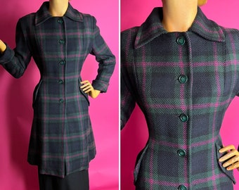 1940s Plaid Princess Coat, Pockets, Collared, Notched Cuffs, Nipped in Waist, Navy, Black, Forest Green and Magenta, Not Tiny