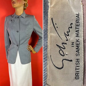 Rare 1940s Gilbert Adrian Pale Grey Blue Blazer Jacket with Buttoned Strapping Detail, Nipped in Waist, Shoulder Pads, Excellent Condition