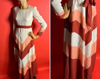 1960s Colourblock Crepe Maxi Dress, Chevron Stripe Effect On Skirt and Cuffs, Tie Back Belt, Semi-Full Skirt, Cream, Peach, Terracotta