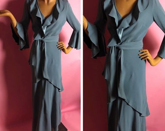 Incredible 1960s Annacat Two Piece Blue Grey Crepe Ensemble, Ruffled Wrap Top with Flounce Sleeves, Asymmetric Maxi Skirt with Peplum