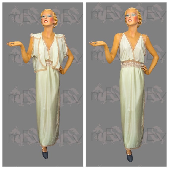 1930s Pale Chartreuse Silk & Lace Nightgown and Be
