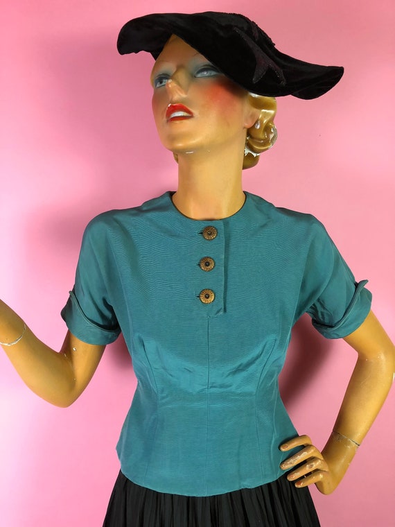 1950s Teal Faille Formal Top, Nipped in Waist, But