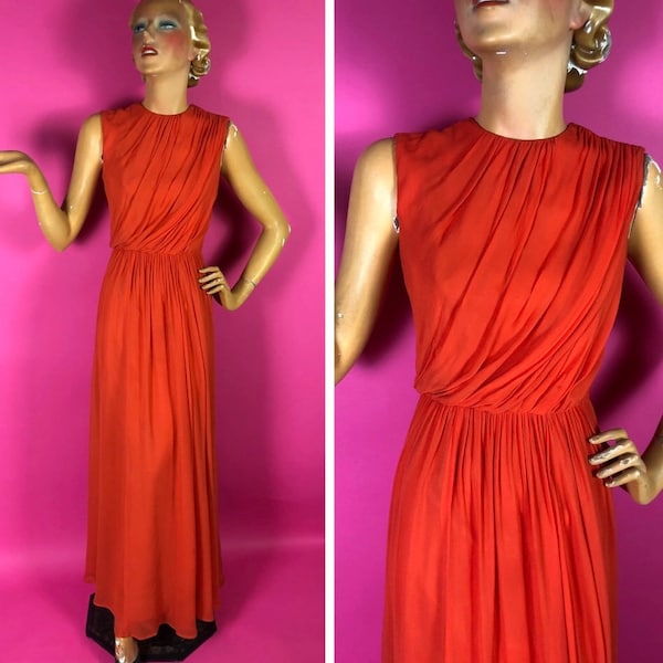 1960s Frank Usher Orange Chiffon Grecian Draped Style Gown with Incredible Gathers, Full Length, Sleeveless, Neoclassical Column Dress