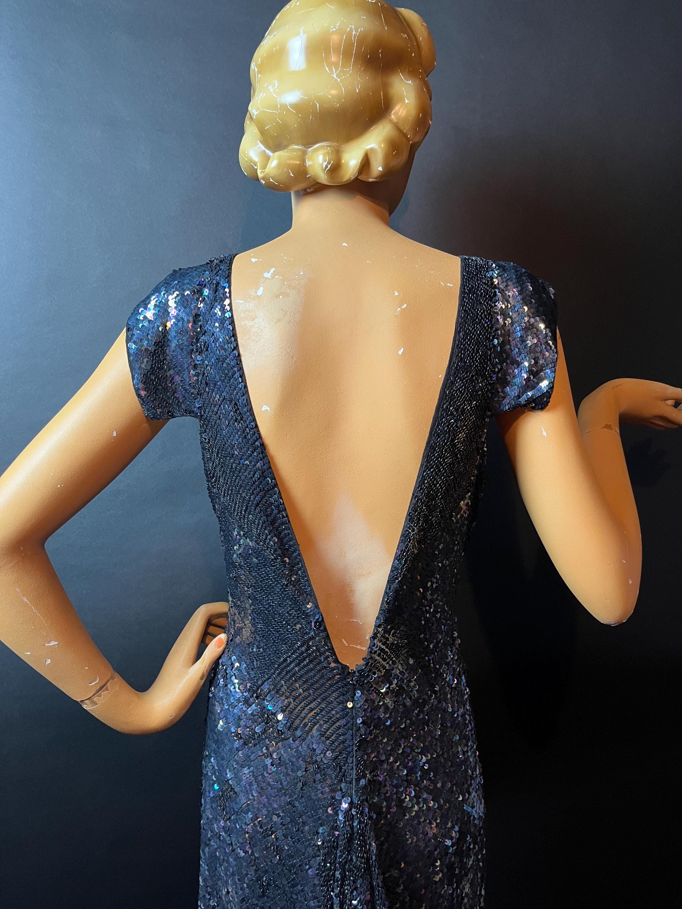 blue sequin topshop dress Rare 2007 Kate Moss for Topshop 1930s Style Iridescent Navy Blue Sequinned  Gown, Numbered Ltd Edition 27/50, Low V Neck, UK10, Never Worn