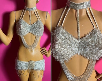 1950s Two Piece Burlesque Outfit, Clear and Silver Tube Beading, Sequins, Choker Halter Wired Bullet Bra, Wide Hip Belt, Acetate Lined