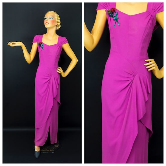 1940s Magenta Crepe Gown with Incredible Draping D