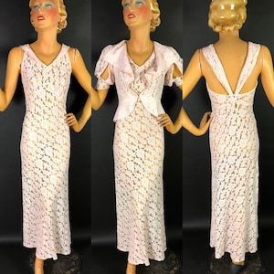 1930s Pale Shell Pink Lace Bias Cut Gown Dress with Back Interest and Short Sleeved Jacket With Slit Puff Sleeves, Lapels and Peplum