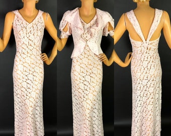 1930s Pale Shell Pink Lace Bias Cut Gown Dress with Back Interest and Short Sleeved Jacket With Slit Puff Sleeves, Lapels and Peplum