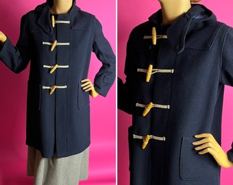 1940s Navy Blue Wool Duffle Coat, Wood Toggles, Rope Loops, Hood, Neck Guard, Ex WRNS Coat, Naval