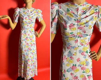 1930s Floral Carnation Print Full Length Dress With Gathered Detail, Puff Short Sleeves, V Back with Buttons