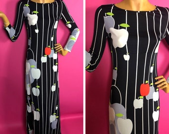 1970s Gene Berk Jersey Maxi Dress with Novelty Apple Print