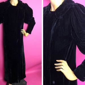 1930s Full Length Black Velvet Frock Coat with Leg of Mutton Sleeves, Pleated Collar and Single Button Closure