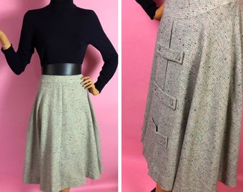 1940s Wool Fleck Full Skirt,  Back Interest, Military Style Strap Decoration, Cream, Turquoise, Black, 24 Inch Waist, Collegiate Style