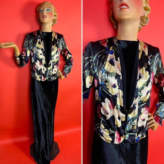 1930s Floral Satin Jacket with Hard Plastic Buckl… - image 1
