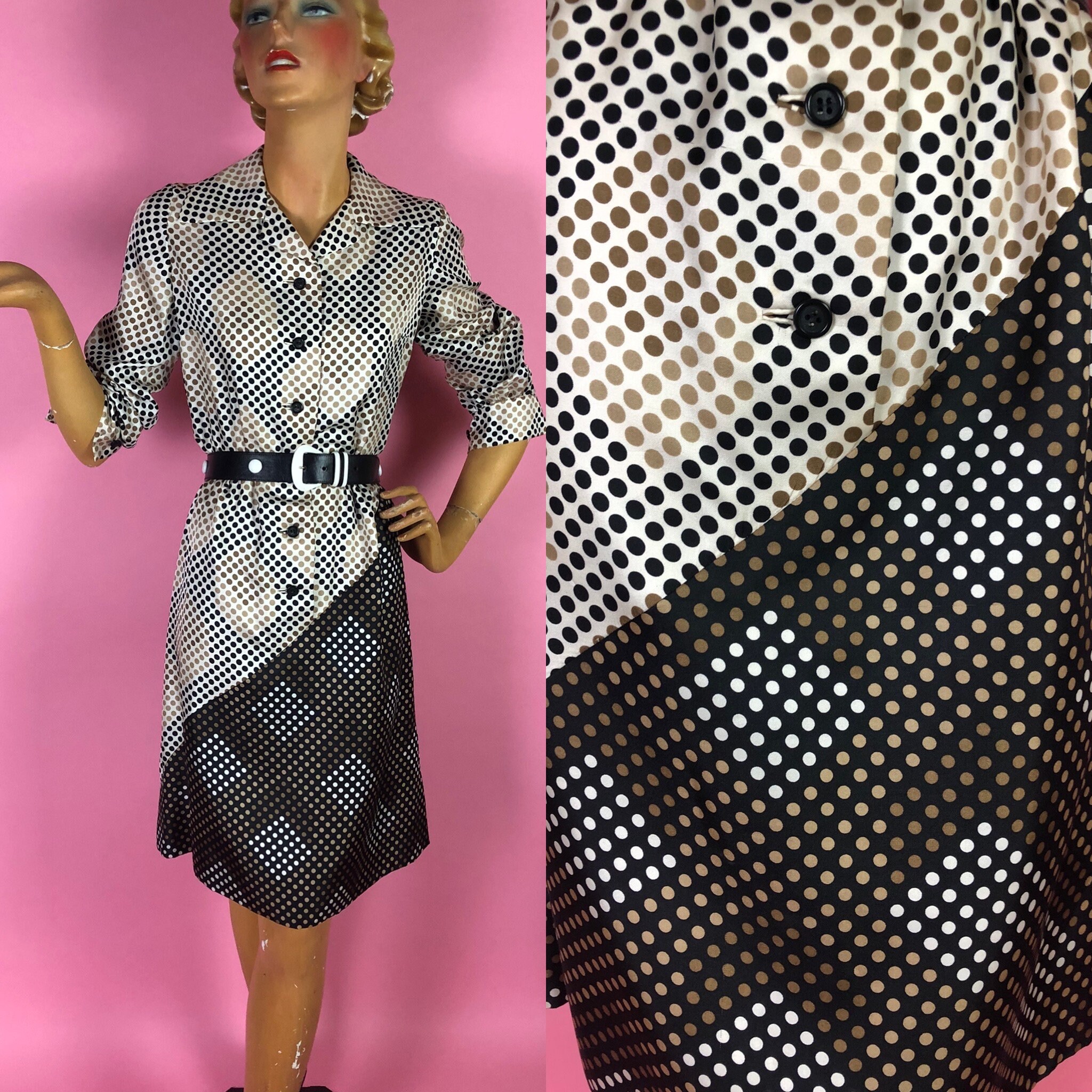 Image of S S Bill Blass Silk Twill Shirtwaist Dress With Op Art Cube & Dot Print, Sold Through Marshall Fields  Shop