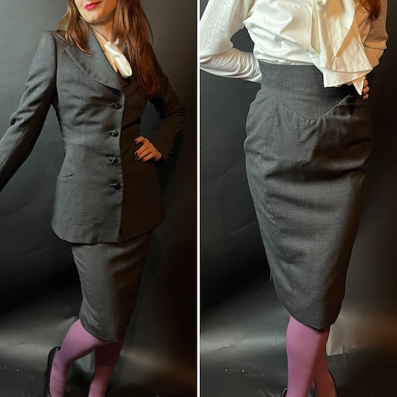 Vivienne Westwood, S/S 1997 Vivienne Westwood Gold Couture Label Portrait Label Tailored Grey Wool Skirt Suit, Longline Fitted Jacket, Cinch Waist Pencil Skirt