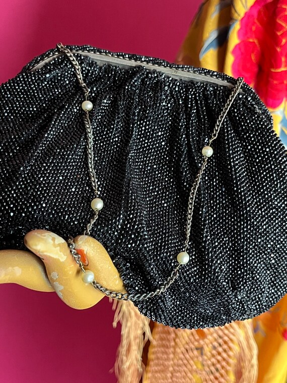 1930s French Black Micro Bead Purse with Pearl an… - image 8