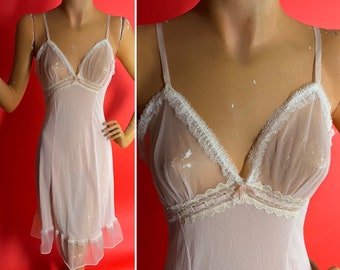 1960s Pale Shell Pink Nylon Slip Dress With Sheer Bra Cups, Sheer Dotted Trim, Sheer Body, Ribbon Straps, by Ulrike