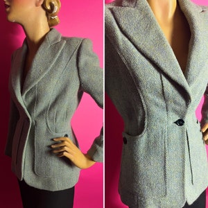 Rare 1930s 1940s Harris Tweed Blazer with Incredible Lapels and Pockets, Nipped in Waist, By Tee-Jay, Satin Lined, Blue Green Colour